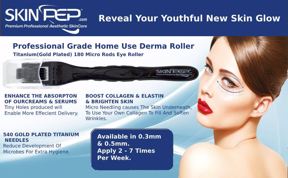 Derma Roller For Eyes - 540 Titanium &amp; Gold Micro Needles 0.3mm By SkinPep®