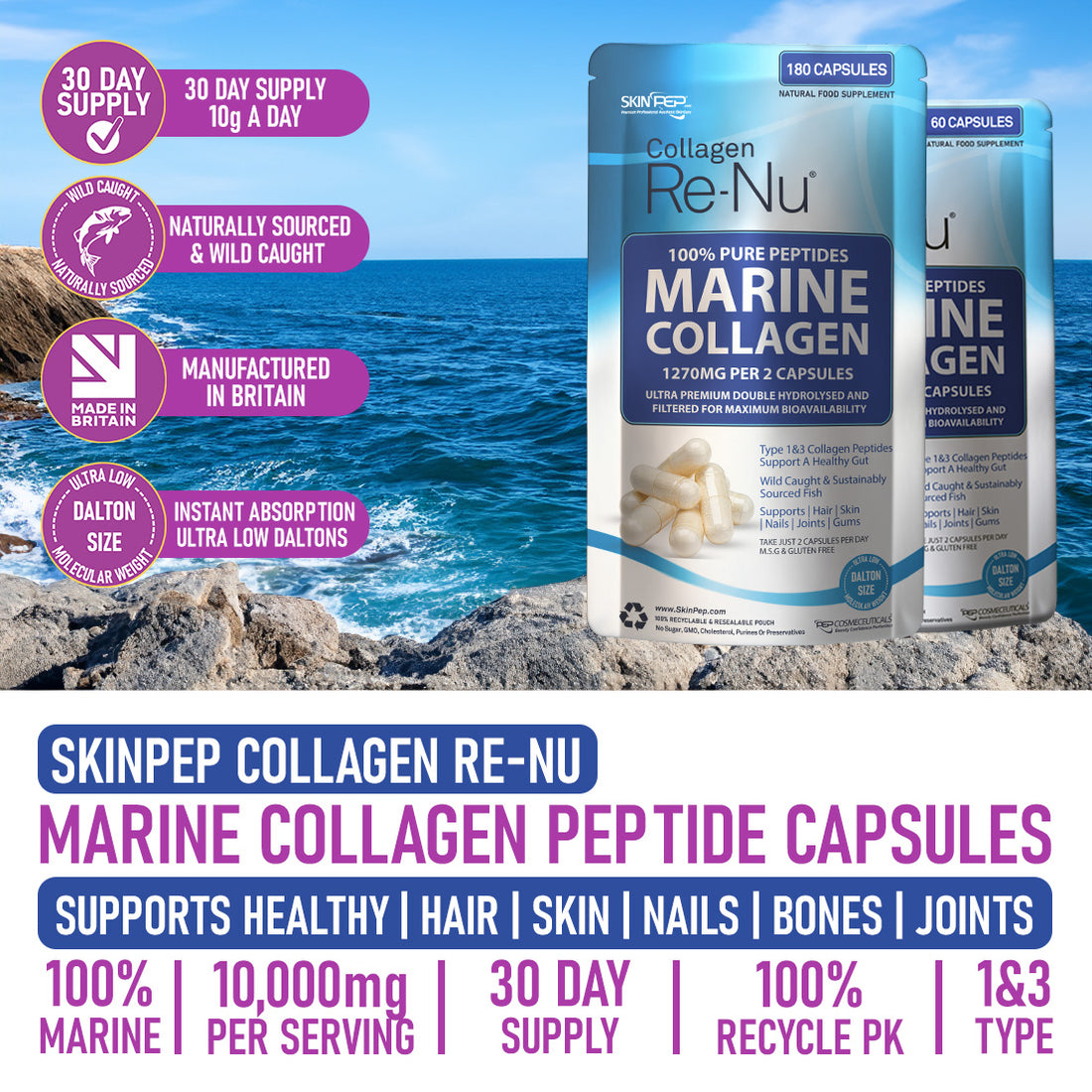 1270mg Marine Collagen Capsules 100% Pure Hydrolysate Peptides
